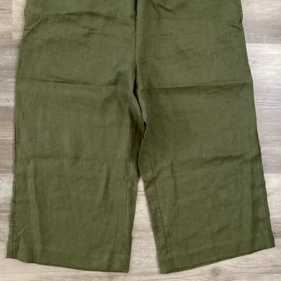 Whistles 100% Linen Wide Leg Crop Pants Womens 14 Olive Green Elastic Waist Soft - Picture 7 of 9